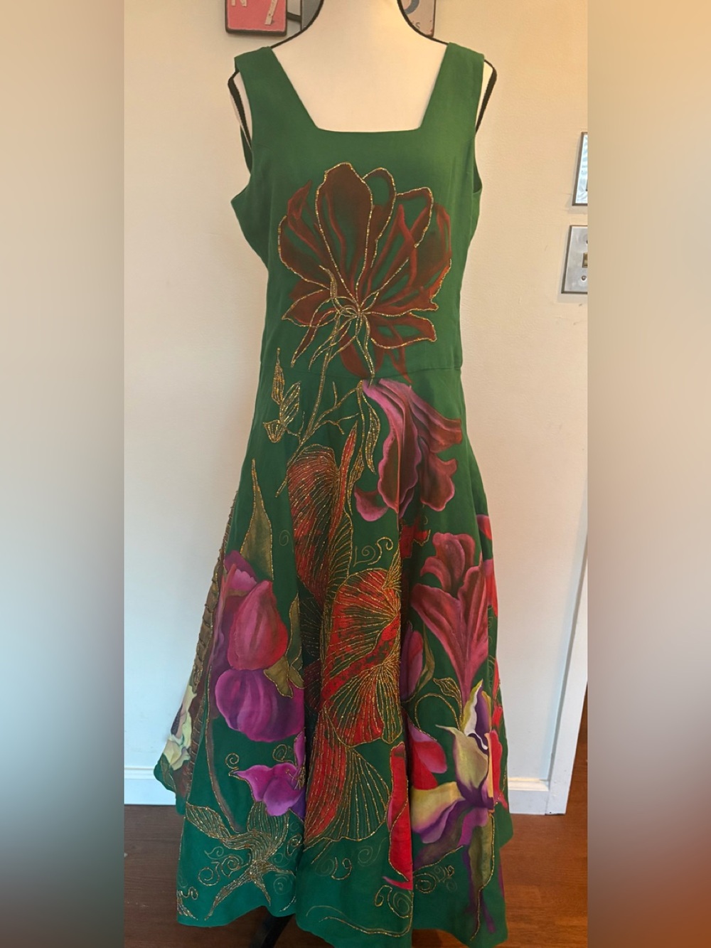 Hand painted Embroidered Maxi Dress Size Medium
